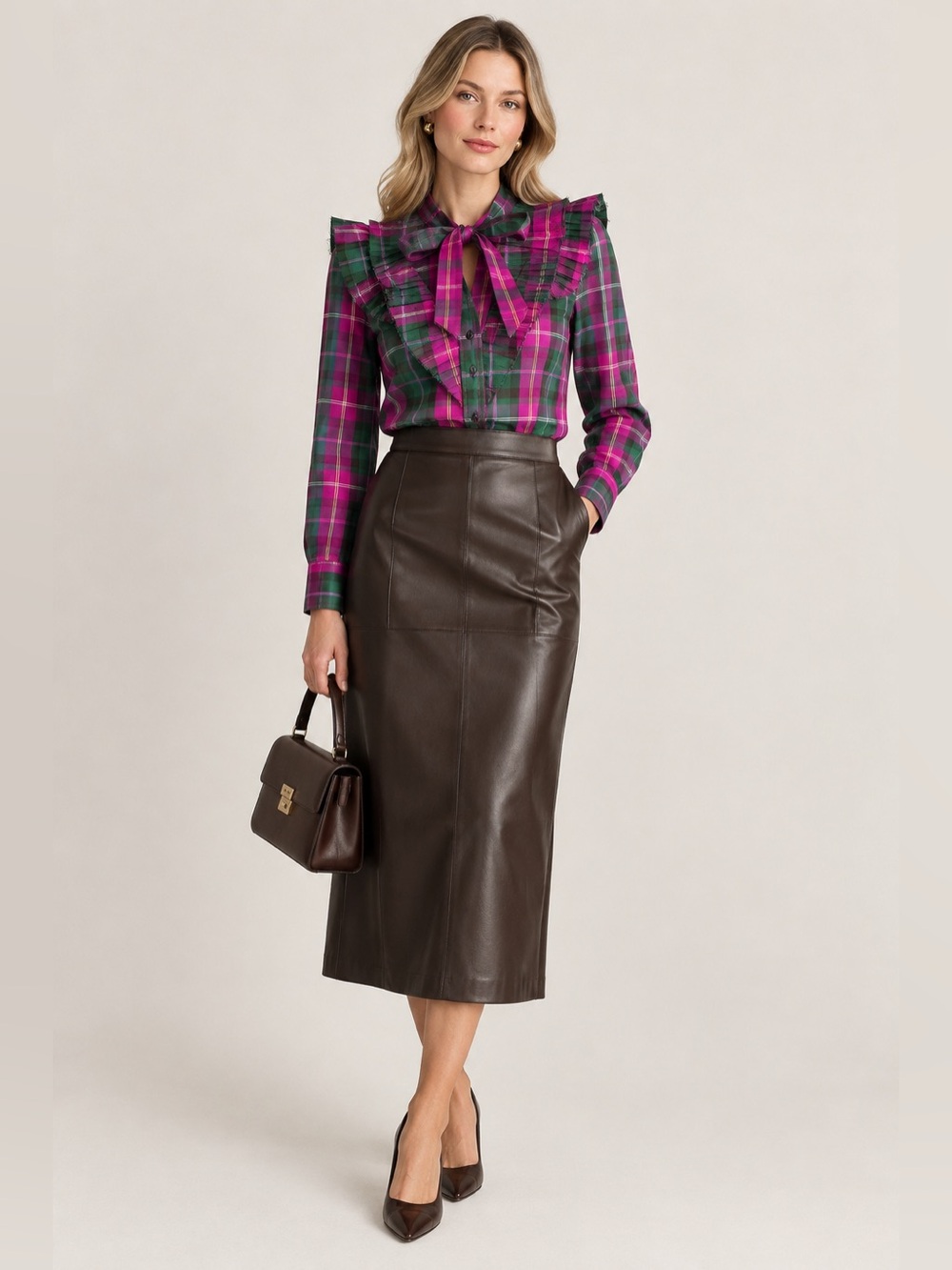 Current/Elliott Pink Green Tartan Plaid Bow Tie Button Down Shirt Ruffle Top 0